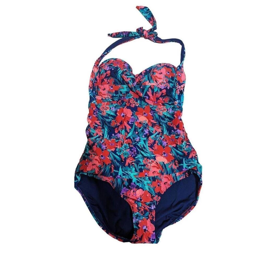 Catalina Women's XL 16/18 Orange Blue Floral One-Piece Halter Top Swimsuit - Picture 2 of 8